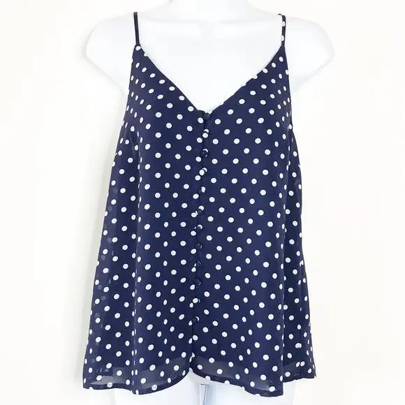 Sophie Rue Med Tank Top Spaghetti Strap Polka Dot Blue Covered Buttons Adj Strap - Picture 1 of 4